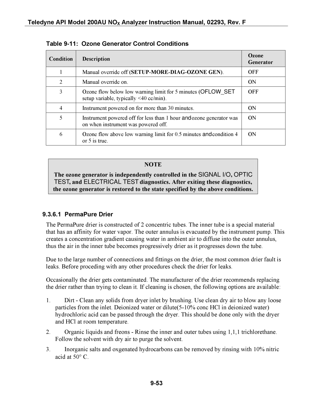 Teledyne 200AU instruction manual Ozone Generator Control Conditions, PermaPure Drier 