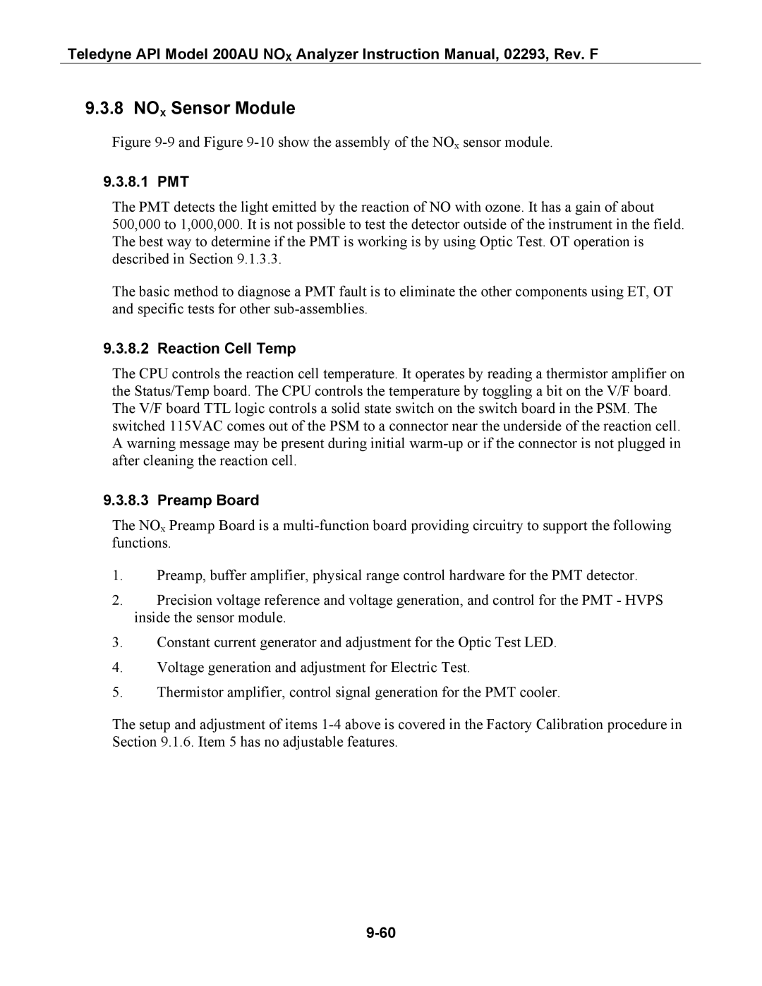 Teledyne 200AU instruction manual NOx Sensor Module, 8.1 PMT, Reaction Cell Temp, Preamp Board 