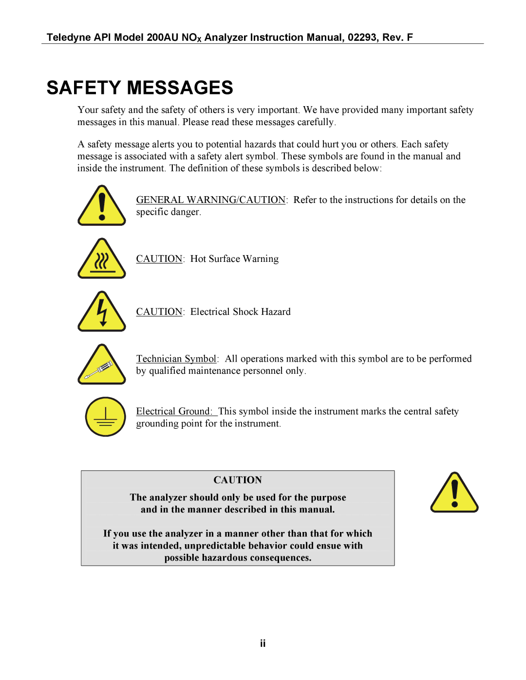 Teledyne 200AU instruction manual Safety Messages 