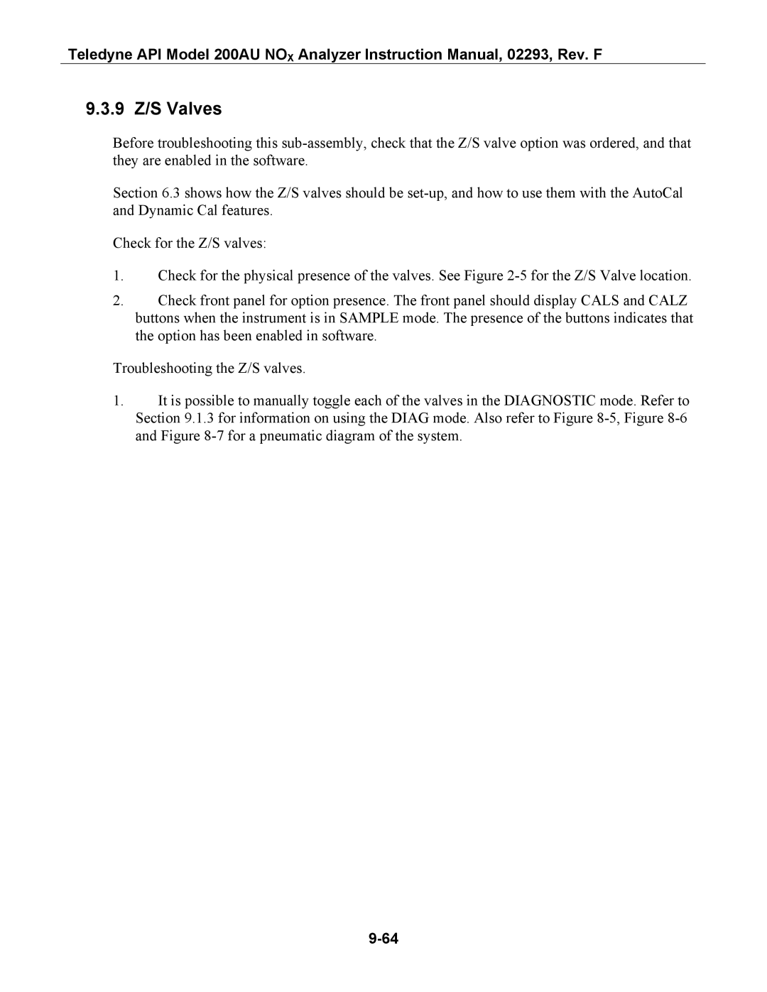 Teledyne 200AU instruction manual 9 Z/S Valves 