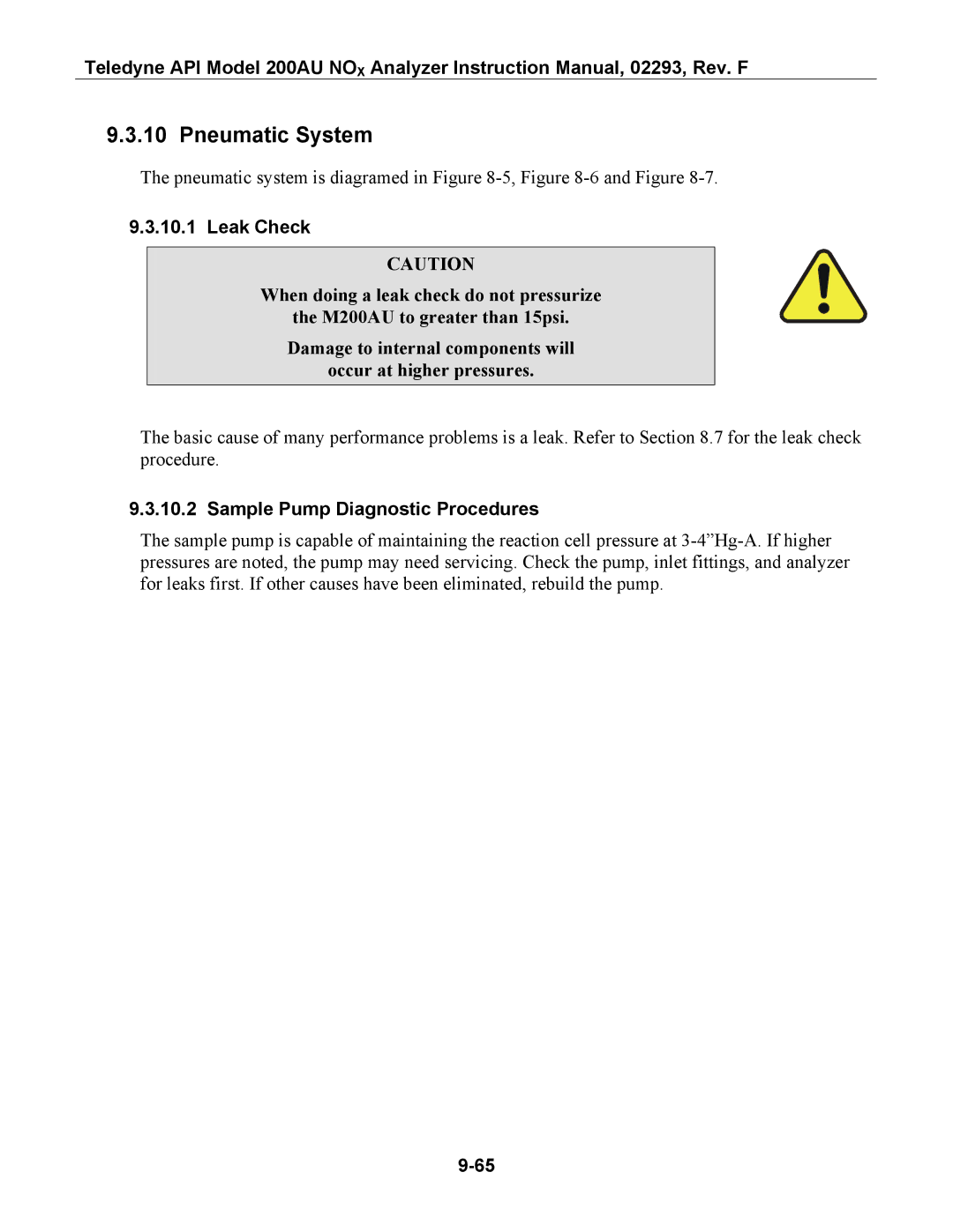 Teledyne 200AU instruction manual Pneumatic System, Leak Check, Sample Pump Diagnostic Procedures 