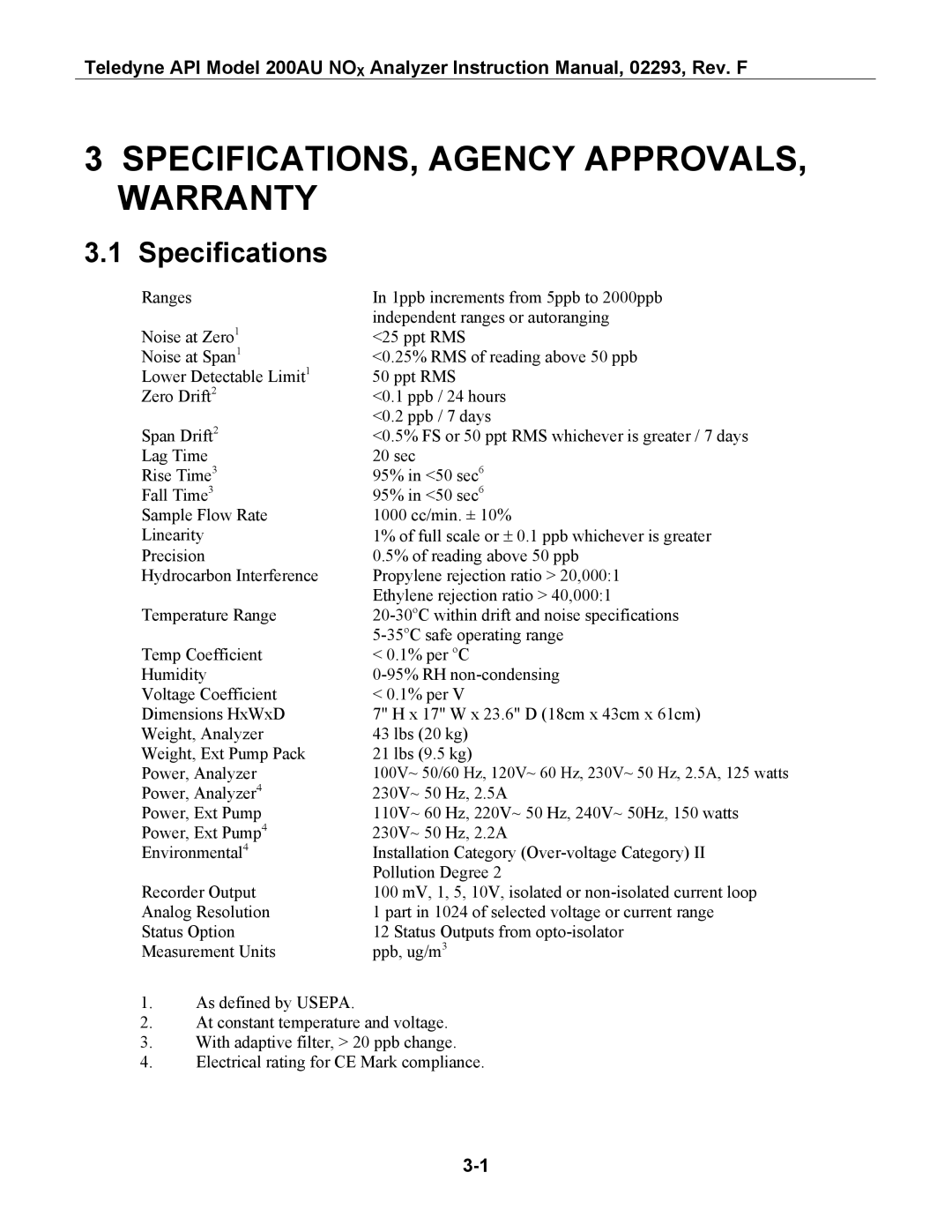 Teledyne 200AU instruction manual SPECIFICATIONS, Agency APPROVALS, Warranty, Specifications 