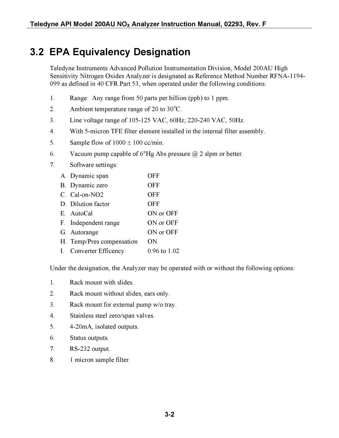 Teledyne 200AU instruction manual EPA Equivalency Designation 