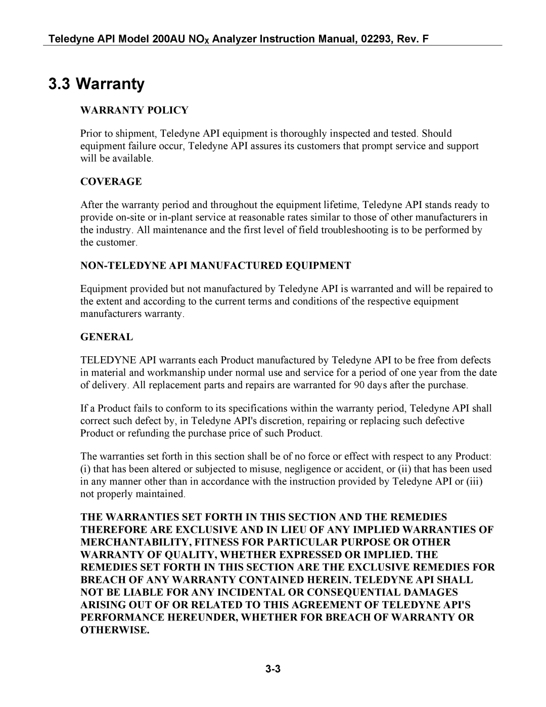 Teledyne 200AU instruction manual Warranty Policy 