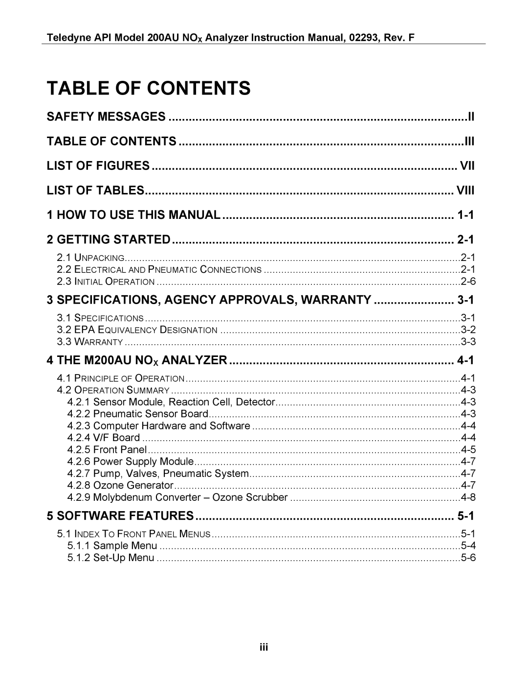 Teledyne 200AU instruction manual Table of Contents 