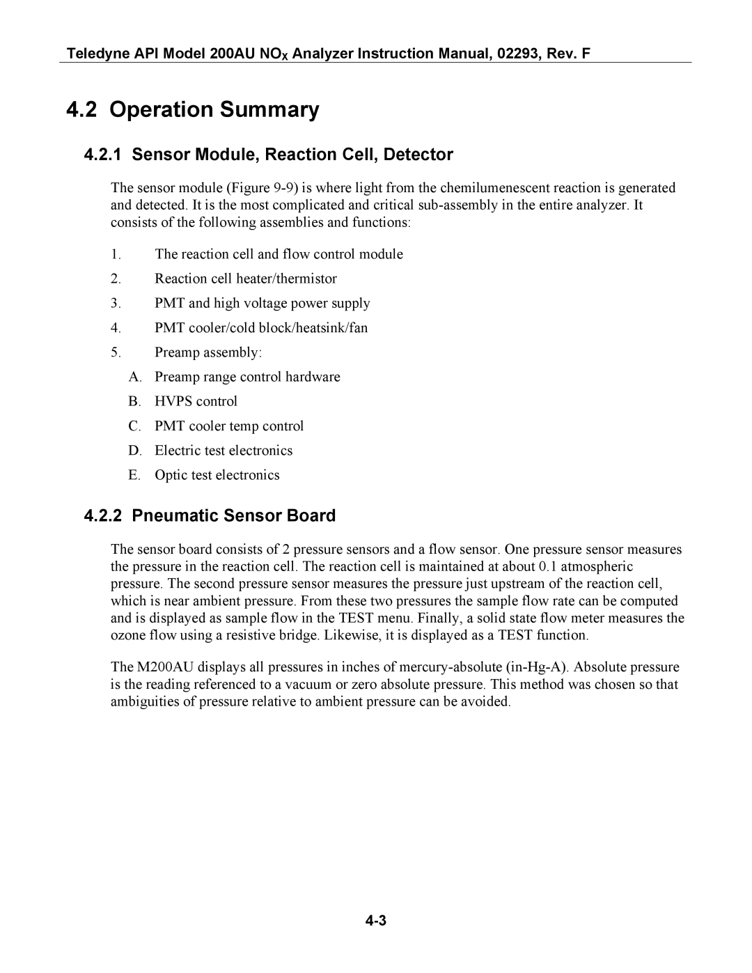 Teledyne 200AU instruction manual Operation Summary, Sensor Module, Reaction Cell, Detector, Pneumatic Sensor Board 