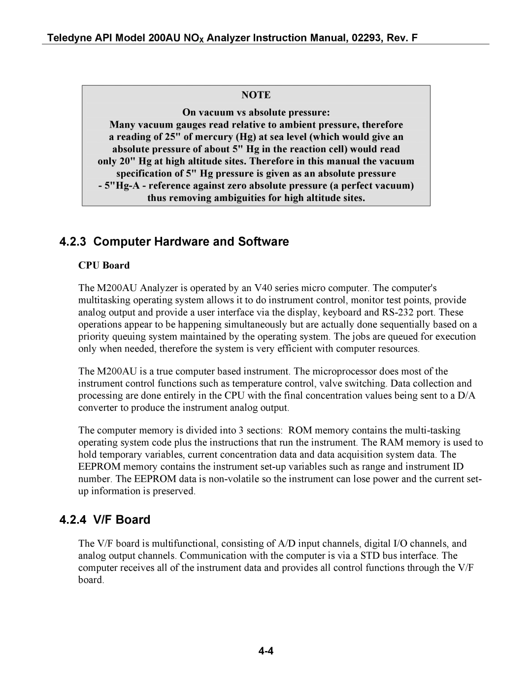 Teledyne 200AU instruction manual Computer Hardware and Software, 4 V/F Board, CPU Board 