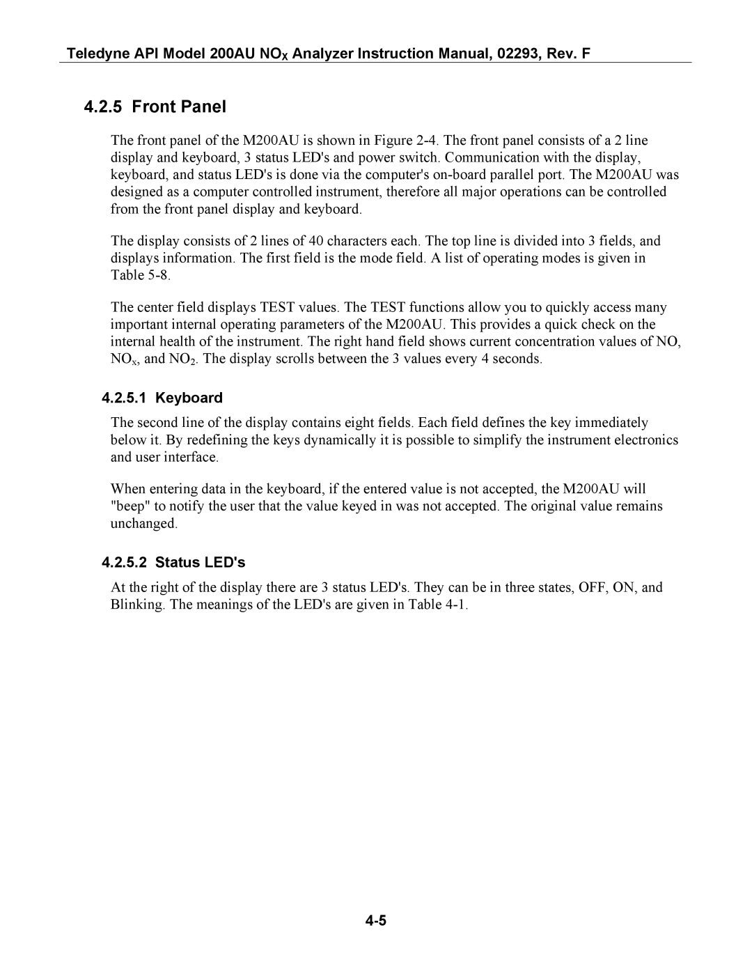 Teledyne 200AU instruction manual Front Panel, Keyboard, Status LEDs 
