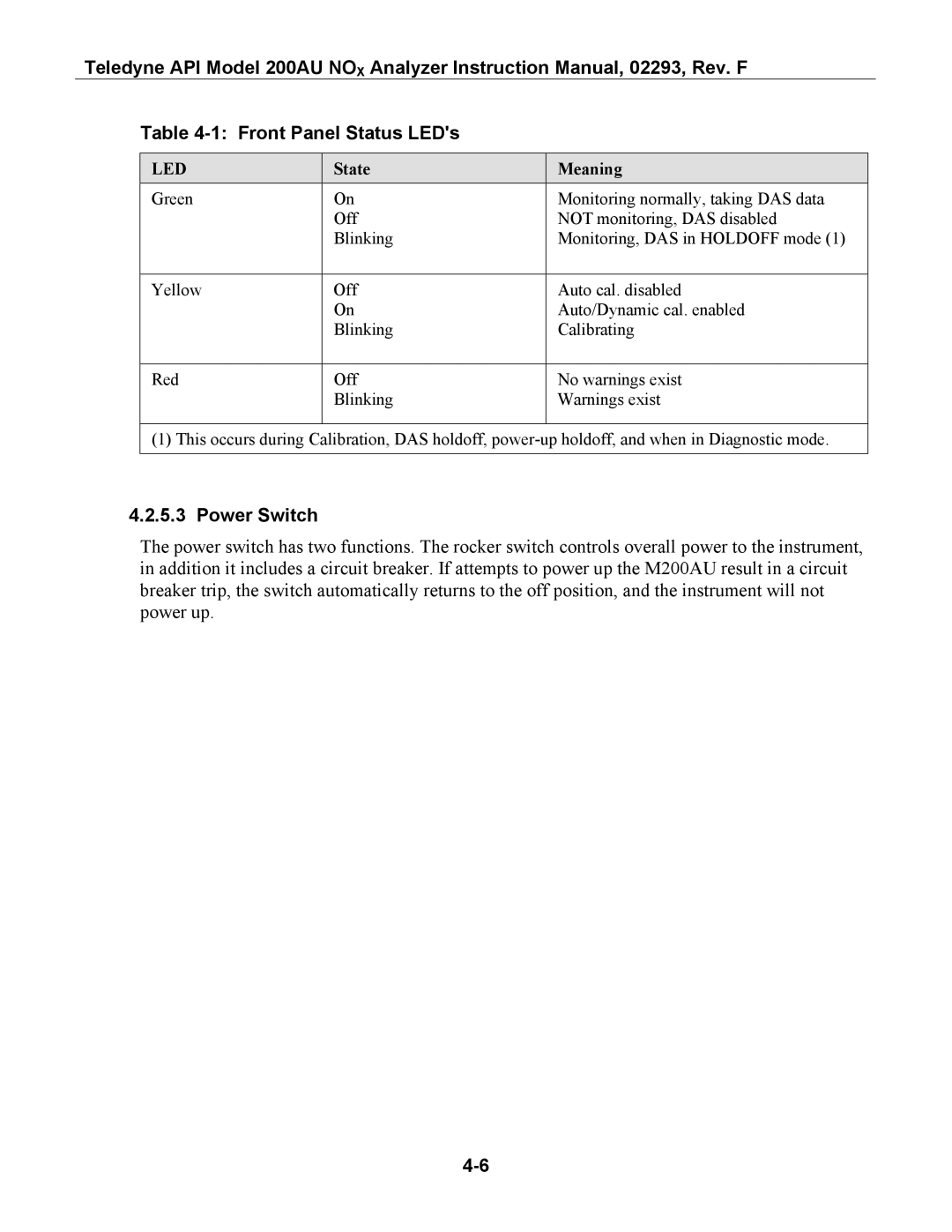 Teledyne 200AU instruction manual Front Panel Status LEDs, Power Switch, State Meaning 