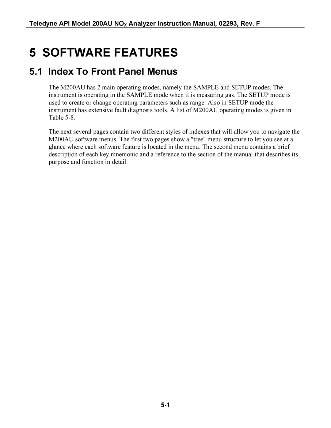 Teledyne 200AU instruction manual Software Features, Index To Front Panel Menus 