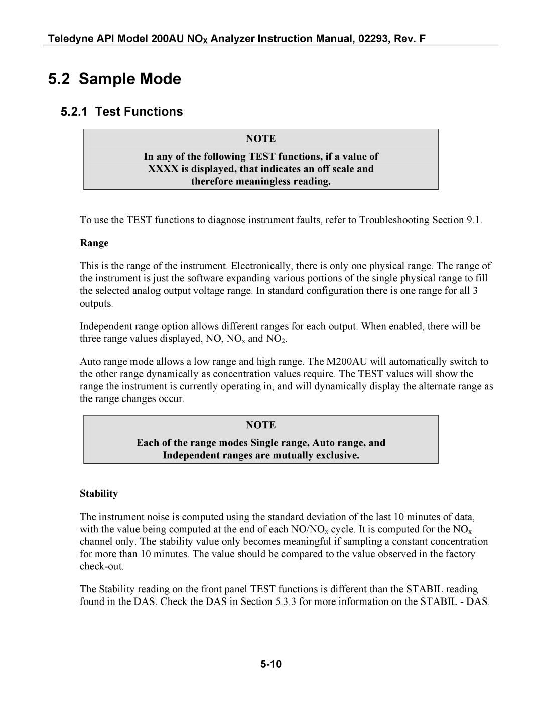 Teledyne 200AU instruction manual Sample Mode, Test Functions, Range 