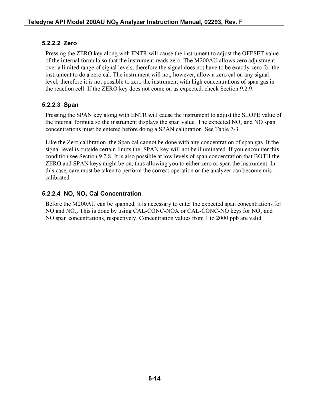 Teledyne 200AU instruction manual Zero, Span, 2.4 NO, NOx Cal Concentration 