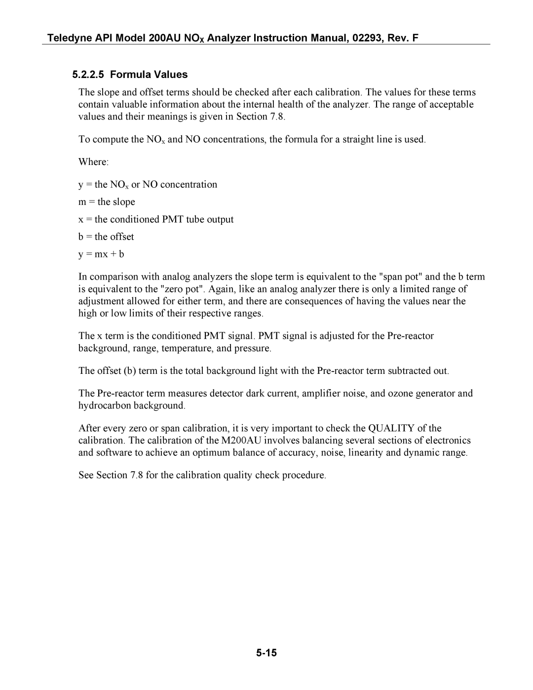 Teledyne 200AU instruction manual Formula Values 