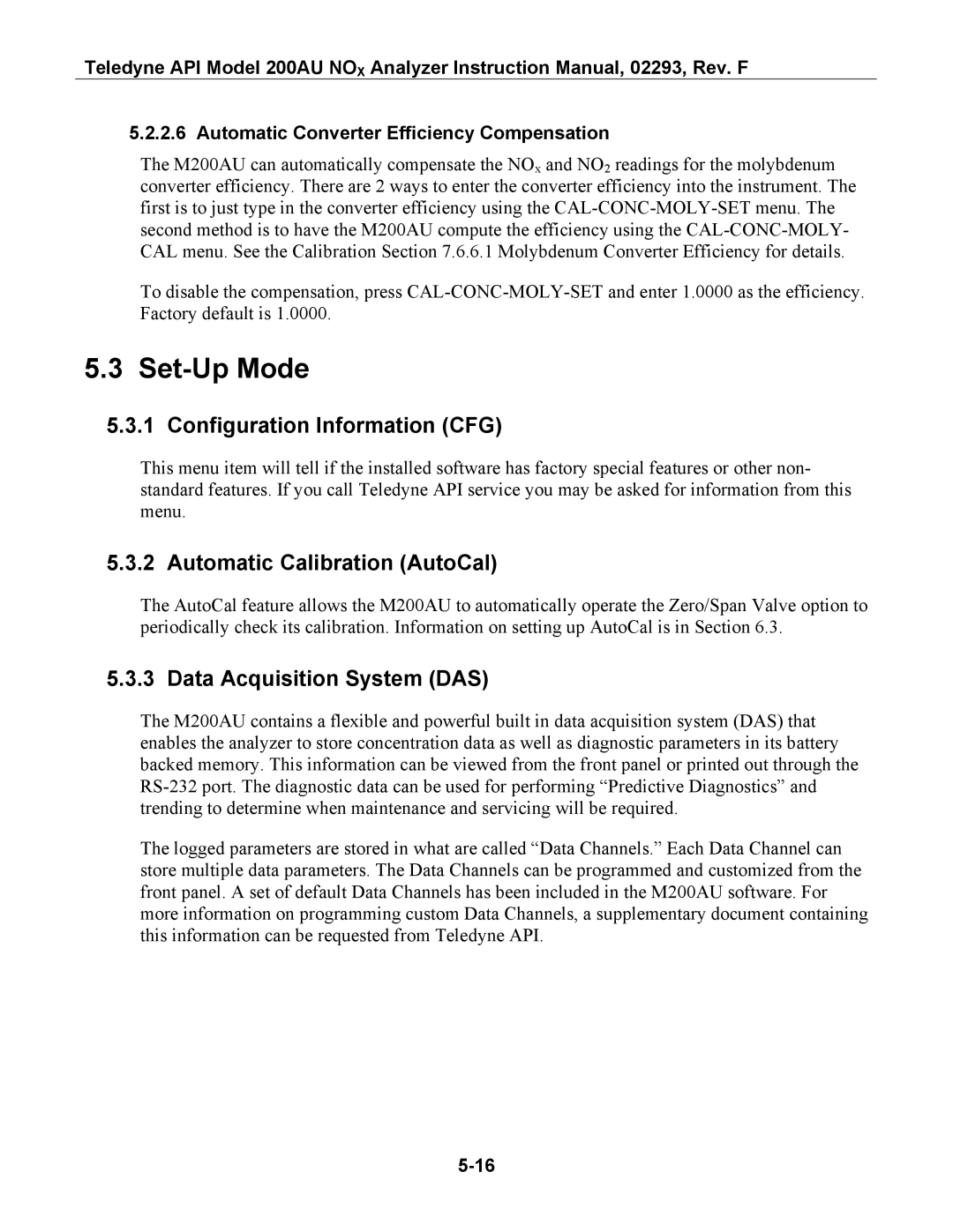 Teledyne 200AU Set-Up Mode, Configuration Information CFG, Automatic Calibration AutoCal, Data Acquisition System DAS 