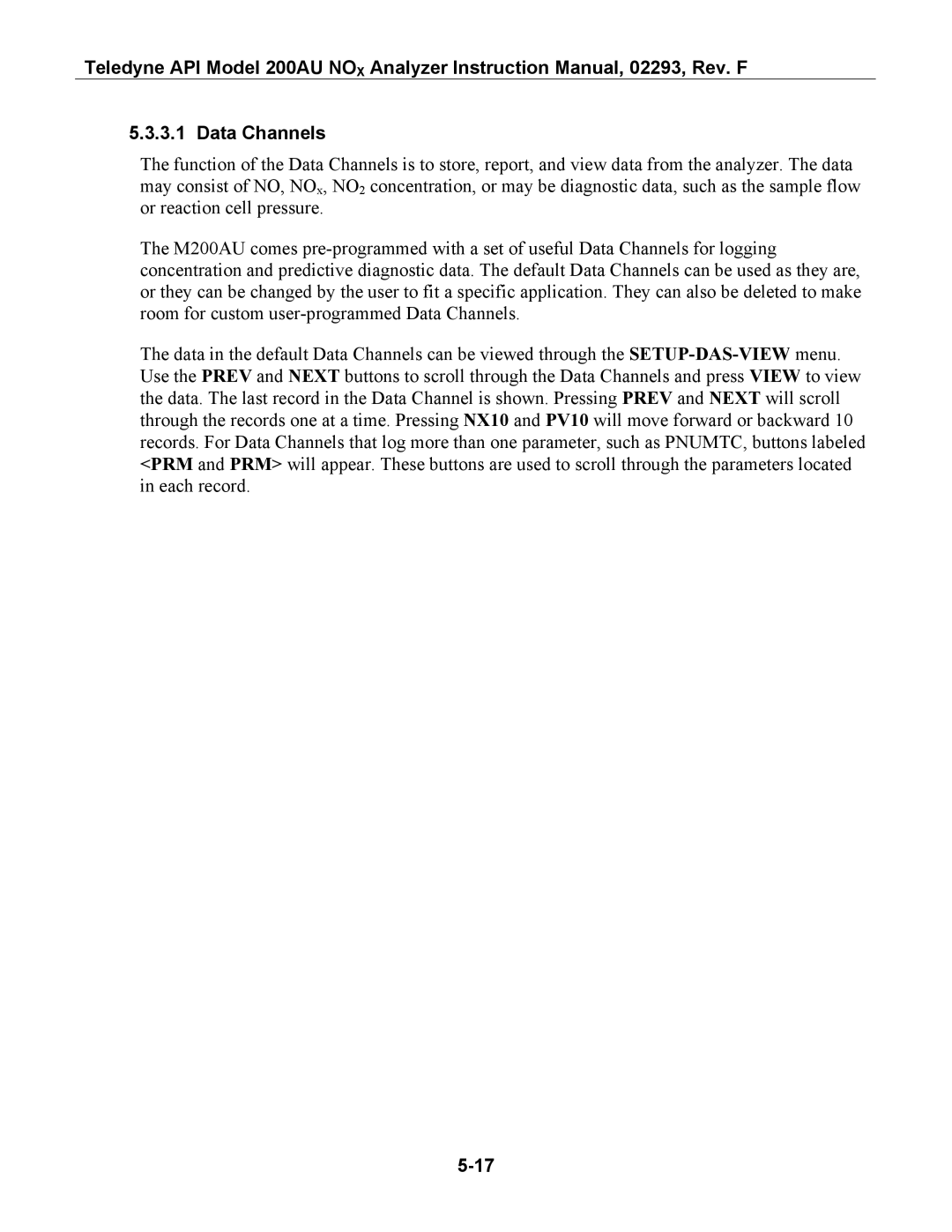 Teledyne 200AU instruction manual Data Channels 