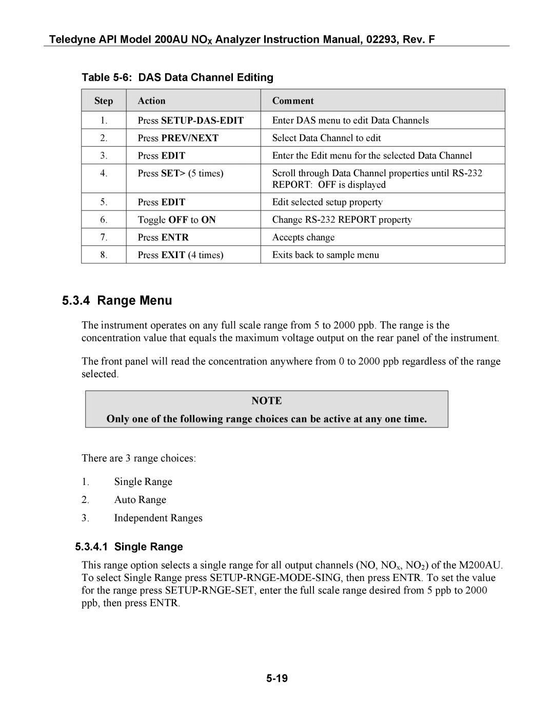 Teledyne 200AU Range Menu, DAS Data Channel Editing, Single Range, Step Action Comment Press SETUP-DAS-EDIT 