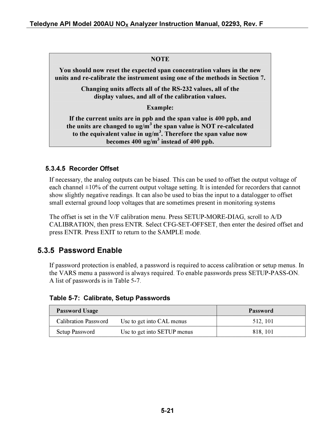 Teledyne 200AU instruction manual Password Enable, Recorder Offset, Calibrate, Setup Passwords, Password Usage 