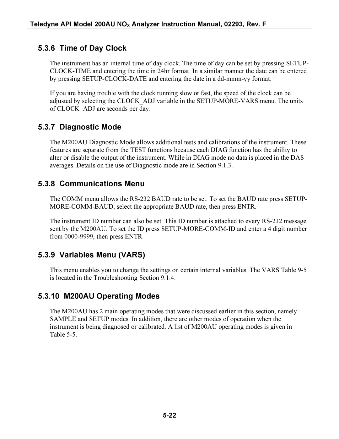 Teledyne Time of Day Clock, Diagnostic Mode, Communications Menu, Variables Menu Vars, 10 M200AU Operating Modes 