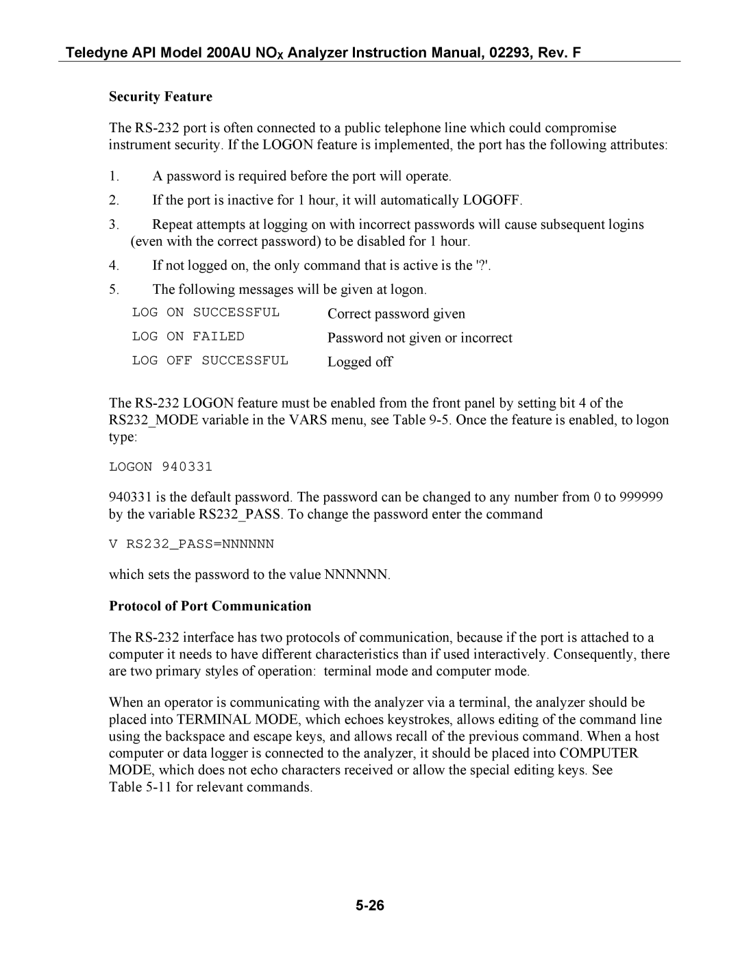 Teledyne 200AU instruction manual Security Feature, Protocol of Port Communication 