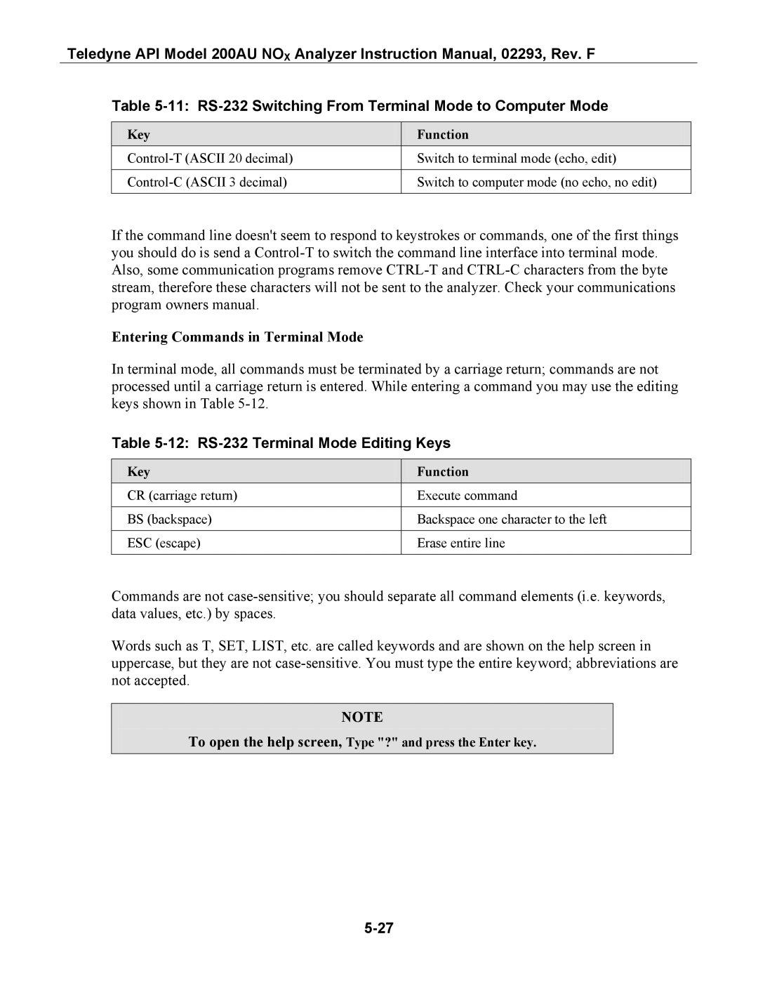 Teledyne 200AU 11 RS-232 Switching From Terminal Mode to Computer Mode, Entering Commands in Terminal Mode, Key Function 