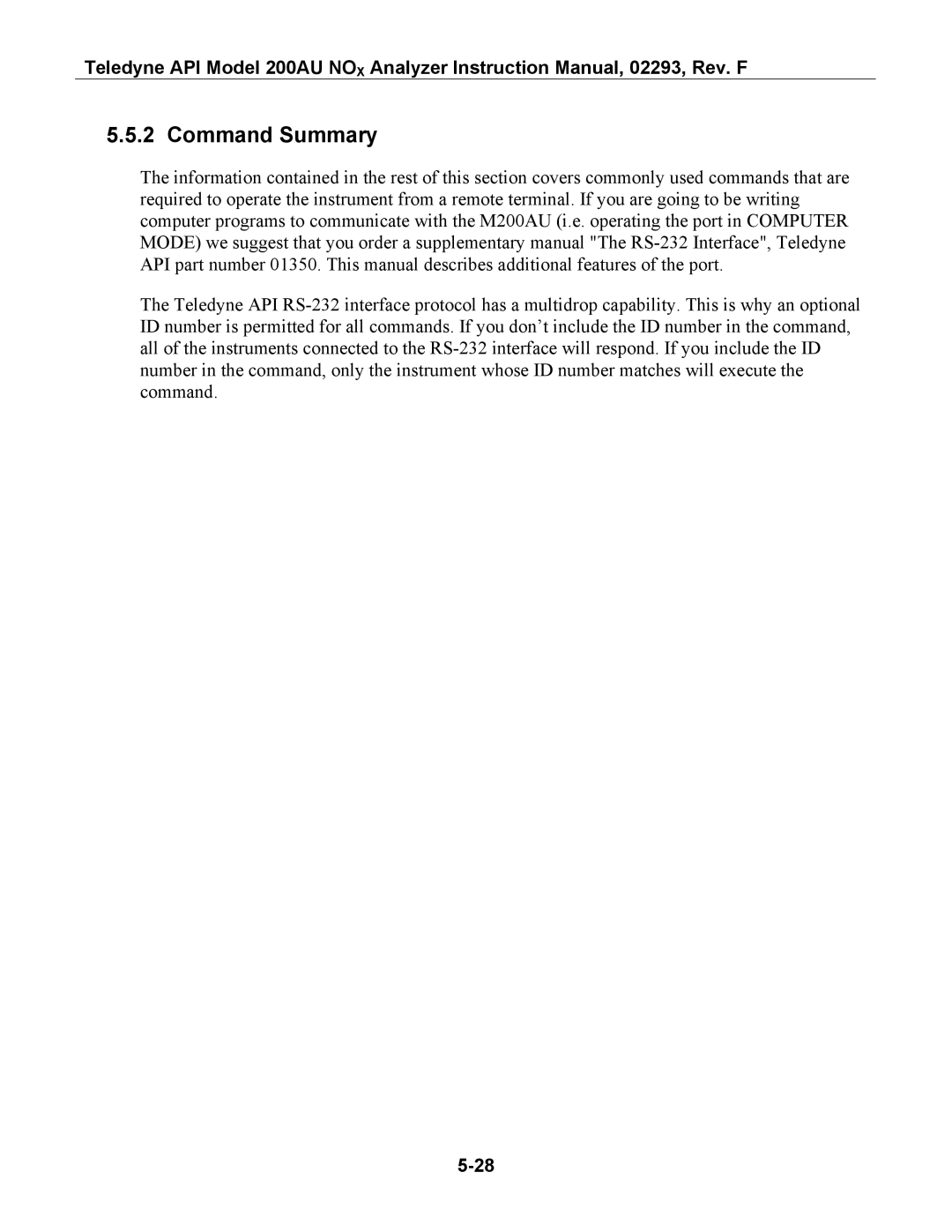 Teledyne 200AU instruction manual Command Summary 