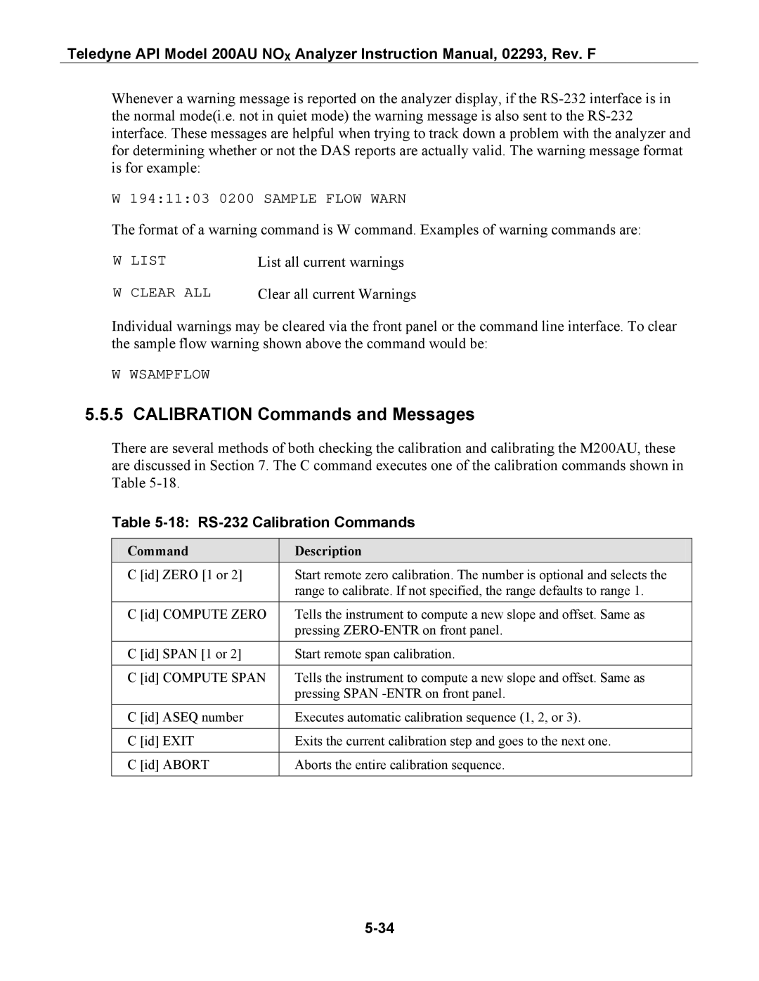 Teledyne 200AU instruction manual Calibration Commands and Messages, 18 RS-232 Calibration Commands, Command Description 