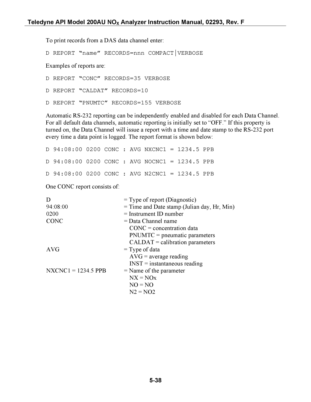 Teledyne 200AU instruction manual Conc 