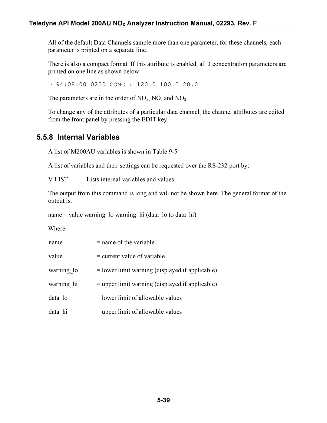 Teledyne 200AU instruction manual Internal Variables, List 