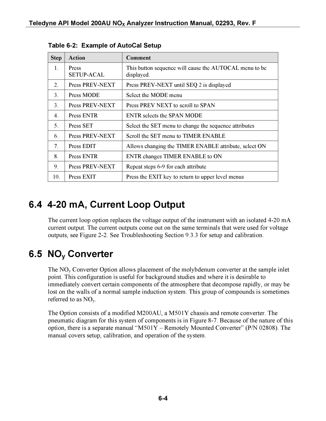 Teledyne 200AU 4-20 mA, Current Loop Output, NOy Converter, Example of AutoCal Setup, Step Action Comment, Setup-Acal 