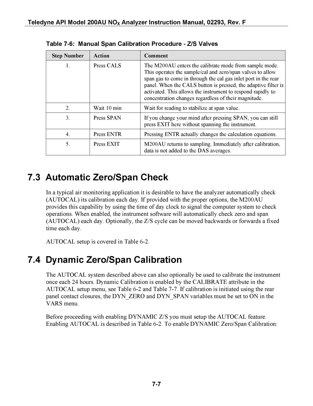 Teledyne 200AU Automatic Zero/Span Check, Dynamic Zero/Span Calibration, Manual Span Calibration Procedure Z/S Valves 