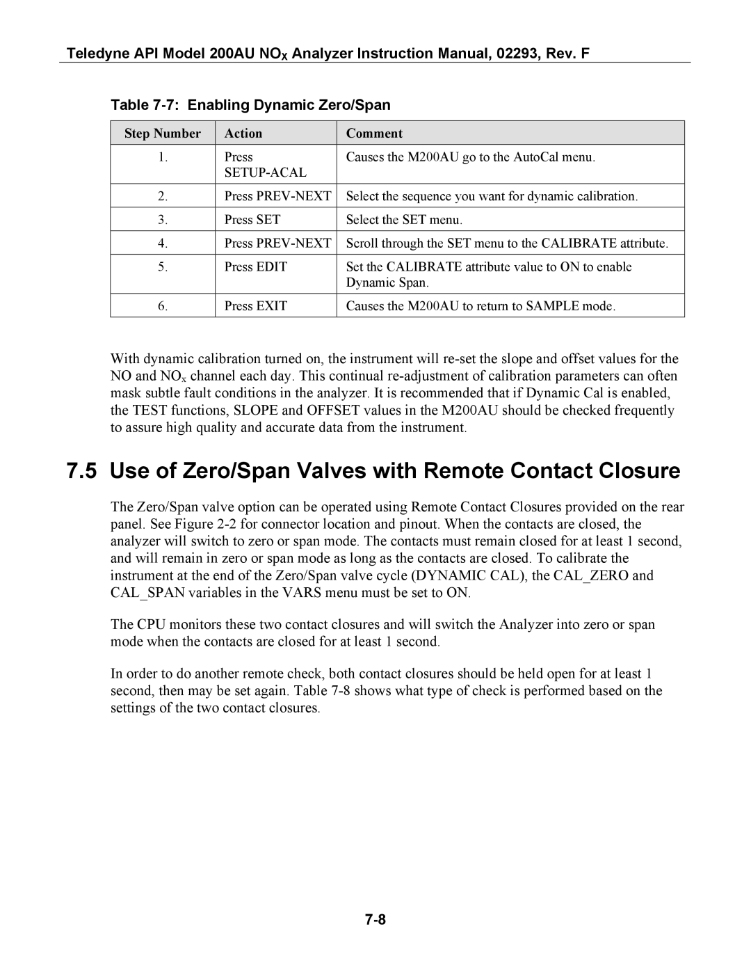 Teledyne 200AU instruction manual Use of Zero/Span Valves with Remote Contact Closure, Enabling Dynamic Zero/Span 