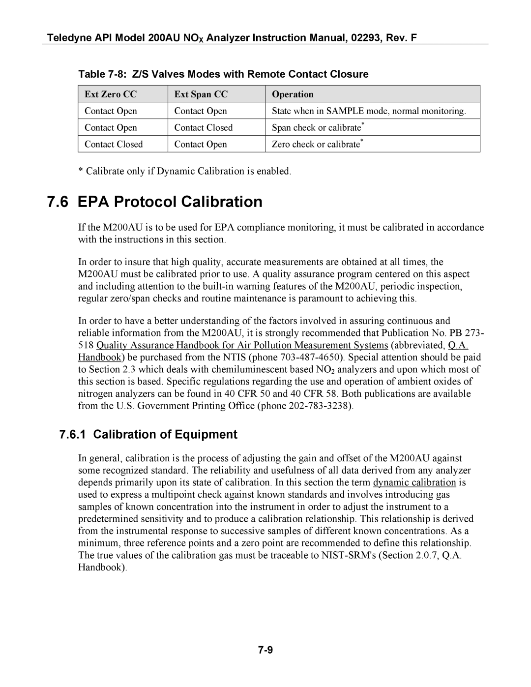 Teledyne 200AU EPA Protocol Calibration, Calibration of Equipment, Z/S Valves Modes with Remote Contact Closure 