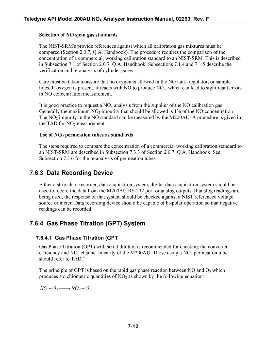 Teledyne 200AU instruction manual Data Recording Device, Gas Phase Titration GPT System, Selection of no span gas standards 