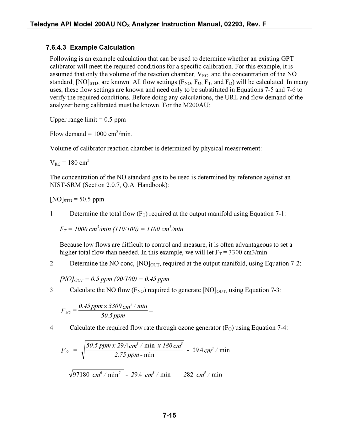 Teledyne 200AU instruction manual Example Calculation, FT = 1000 cm3/min 110/100 = 1100 cm3/min 