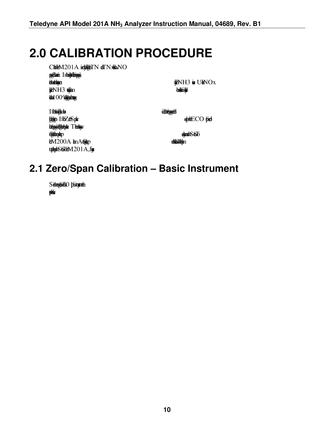 Teledyne 201A manual Calibration Procedure, Zero/Span Calibration Basic Instrument 