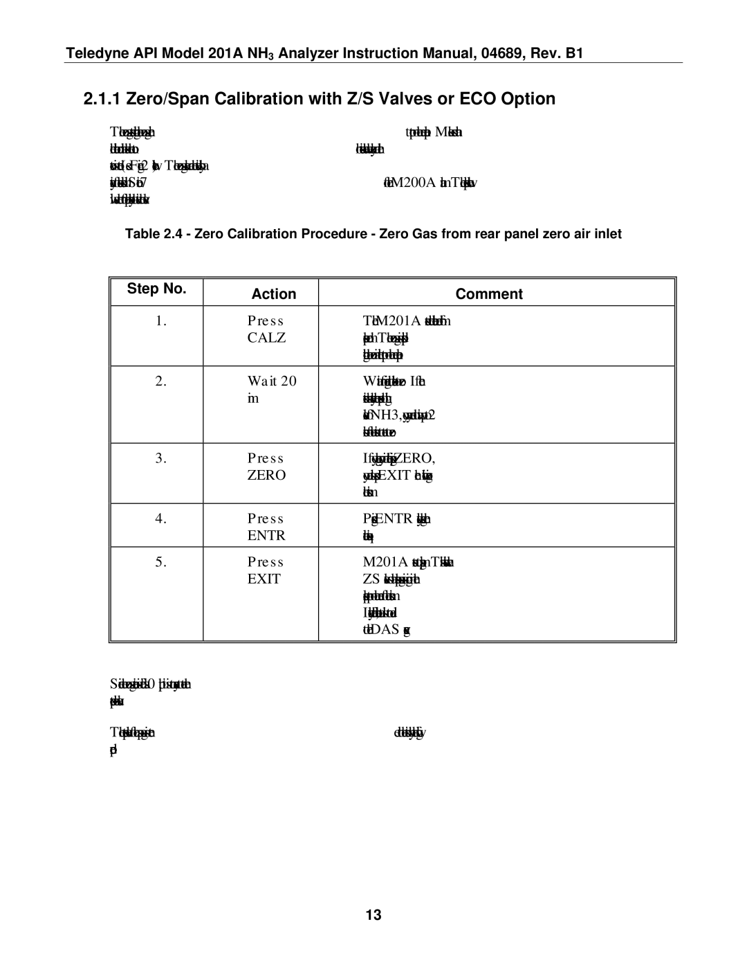 Teledyne 201A manual Zero/Span Calibration with Z/S Valves or ECO Option, Calz 