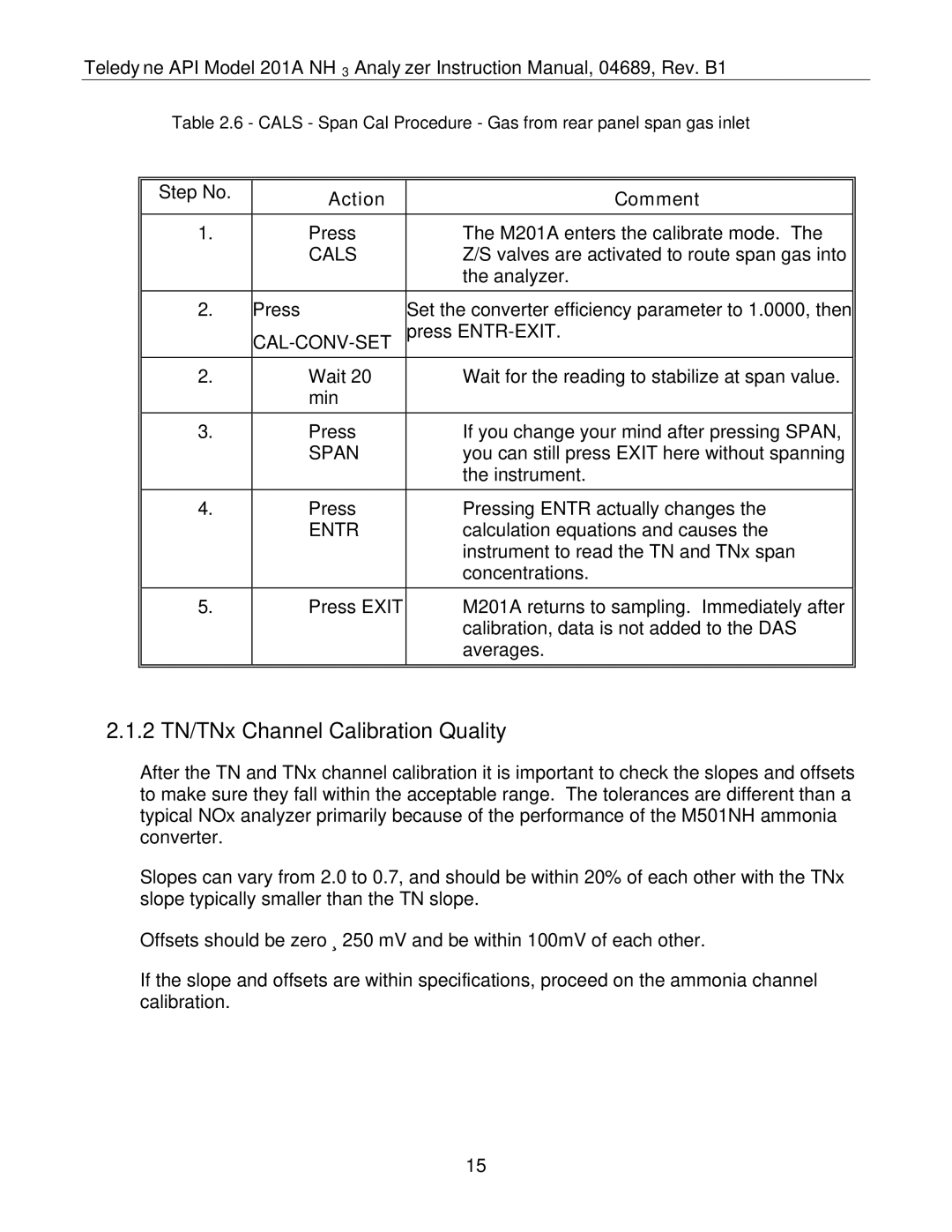 Teledyne 201A manual 2 TN/TNx Channel Calibration Quality, Cals, Span 