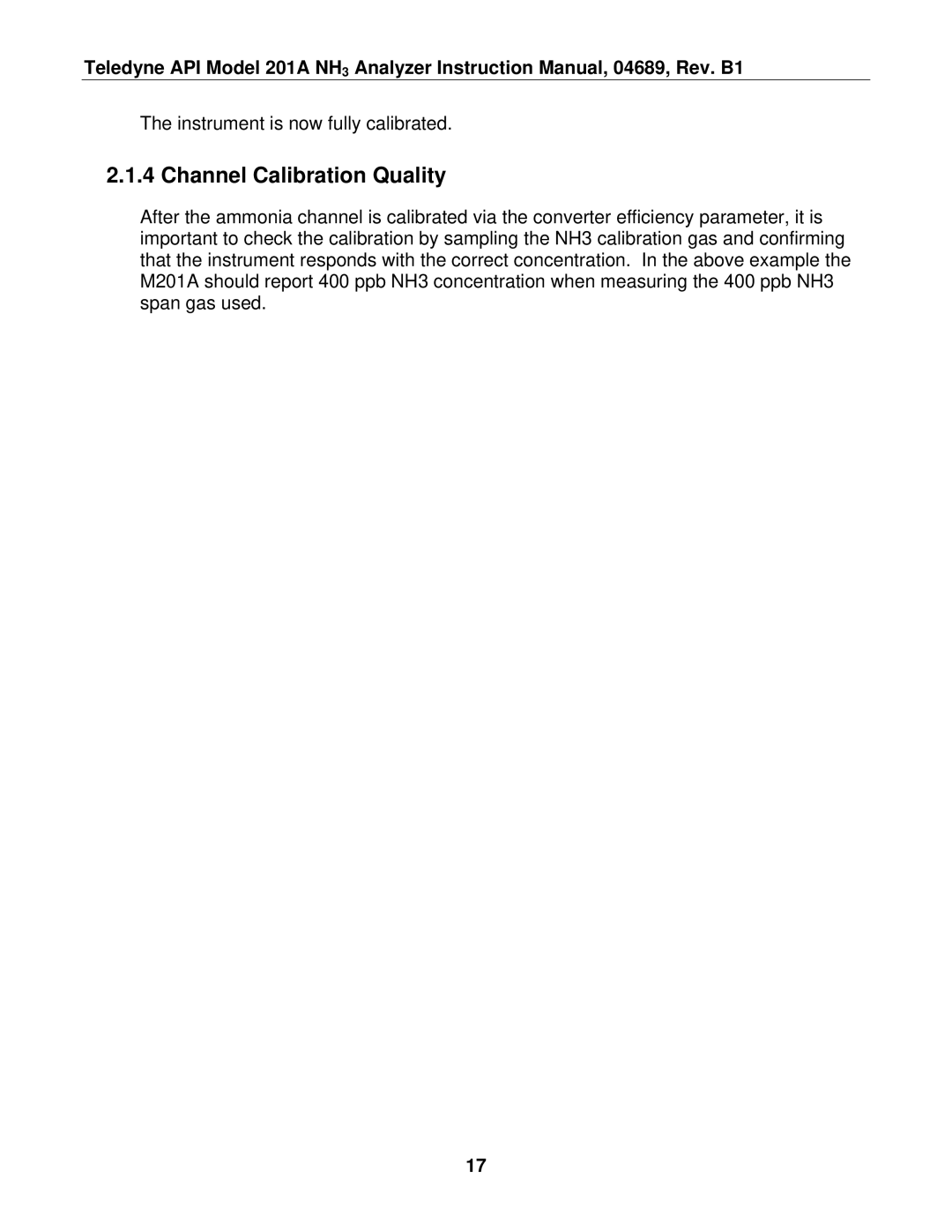 Teledyne 201A manual Channel Calibration Quality 