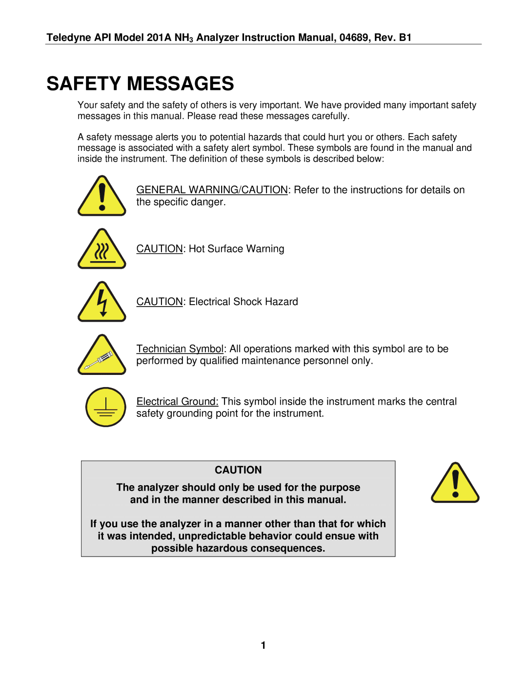 Teledyne 201A manual Safety Messages 