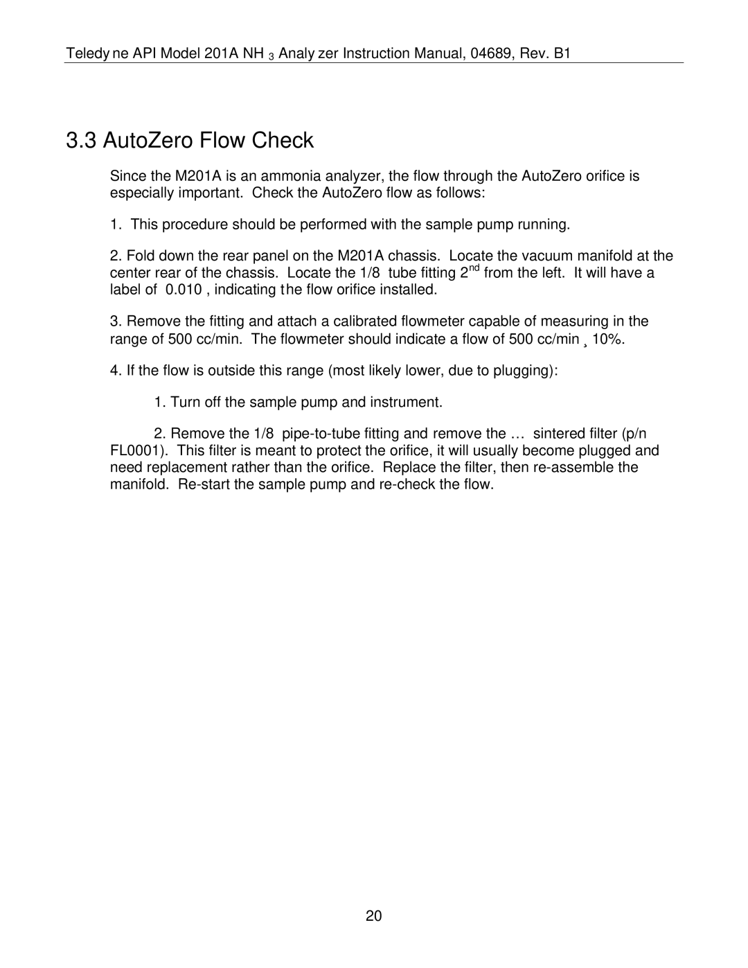 Teledyne 201A manual AutoZero Flow Check 