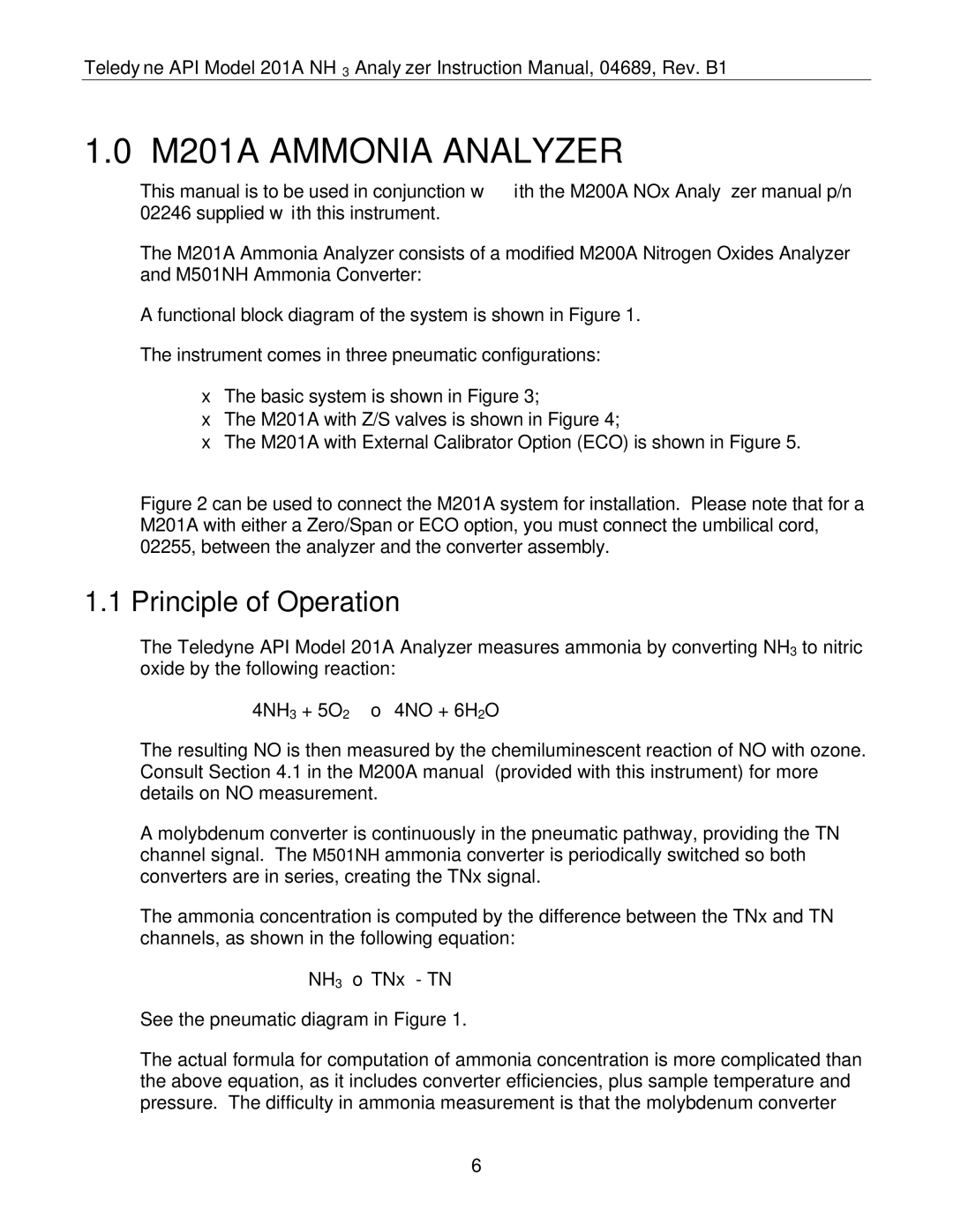 Teledyne manual M201A Ammonia Analyzer, Principle of Operation 