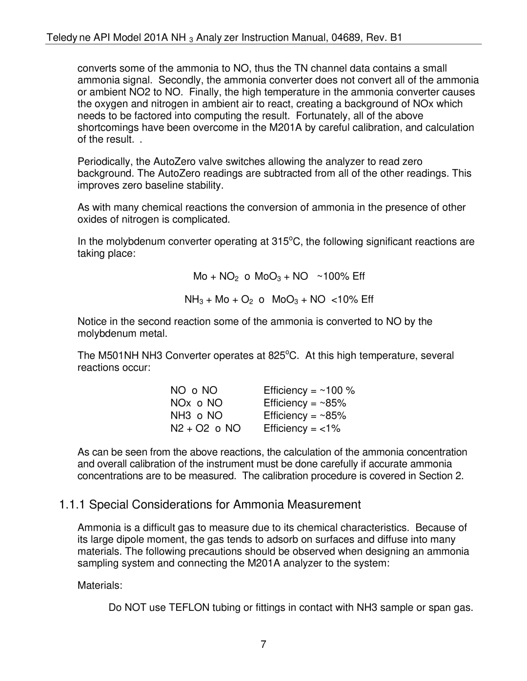 Teledyne 201A manual Special Considerations for Ammonia Measurement, No → no 