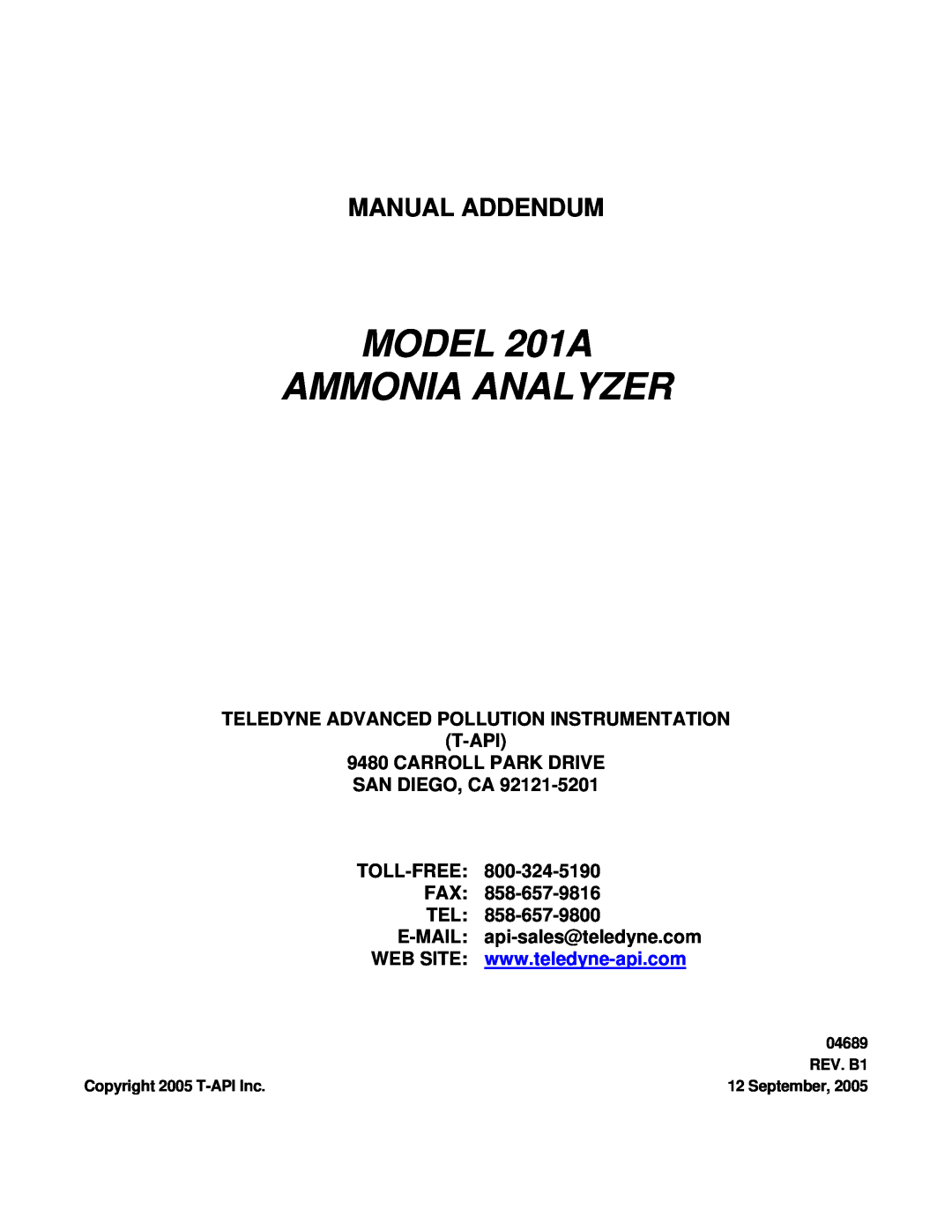Teledyne manual Manual Addendum, Teledyne Advanced Pollution Instrumentation T-Api, MODEL 201A AMMONIA ANALYZER, 04689 