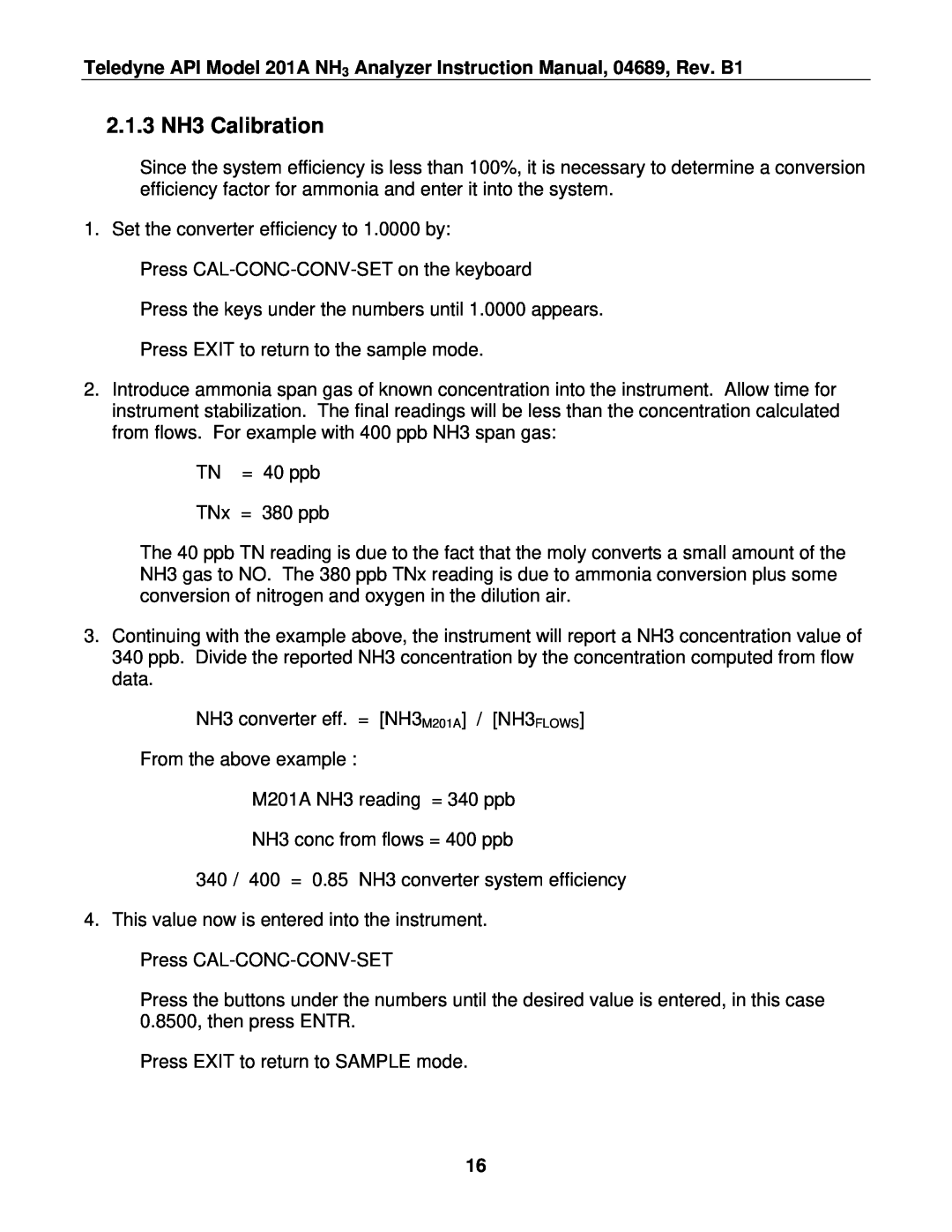 Teledyne 201A manual 2.1.3 NH3 Calibration 