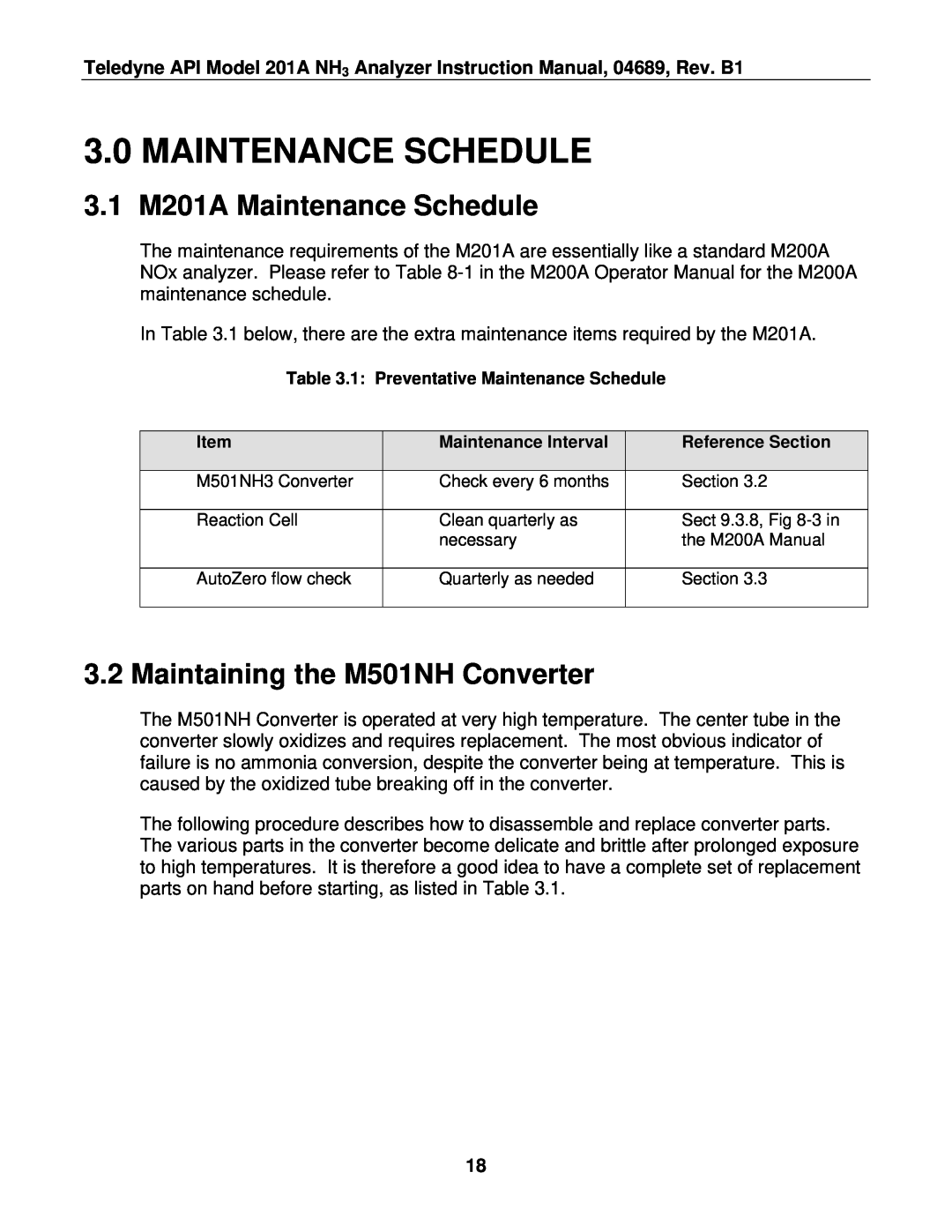 Teledyne manual 3.0MAINTENANCE SCHEDULE, 3.1M201A Maintenance Schedule, Maintaining the M501NH Converter 
