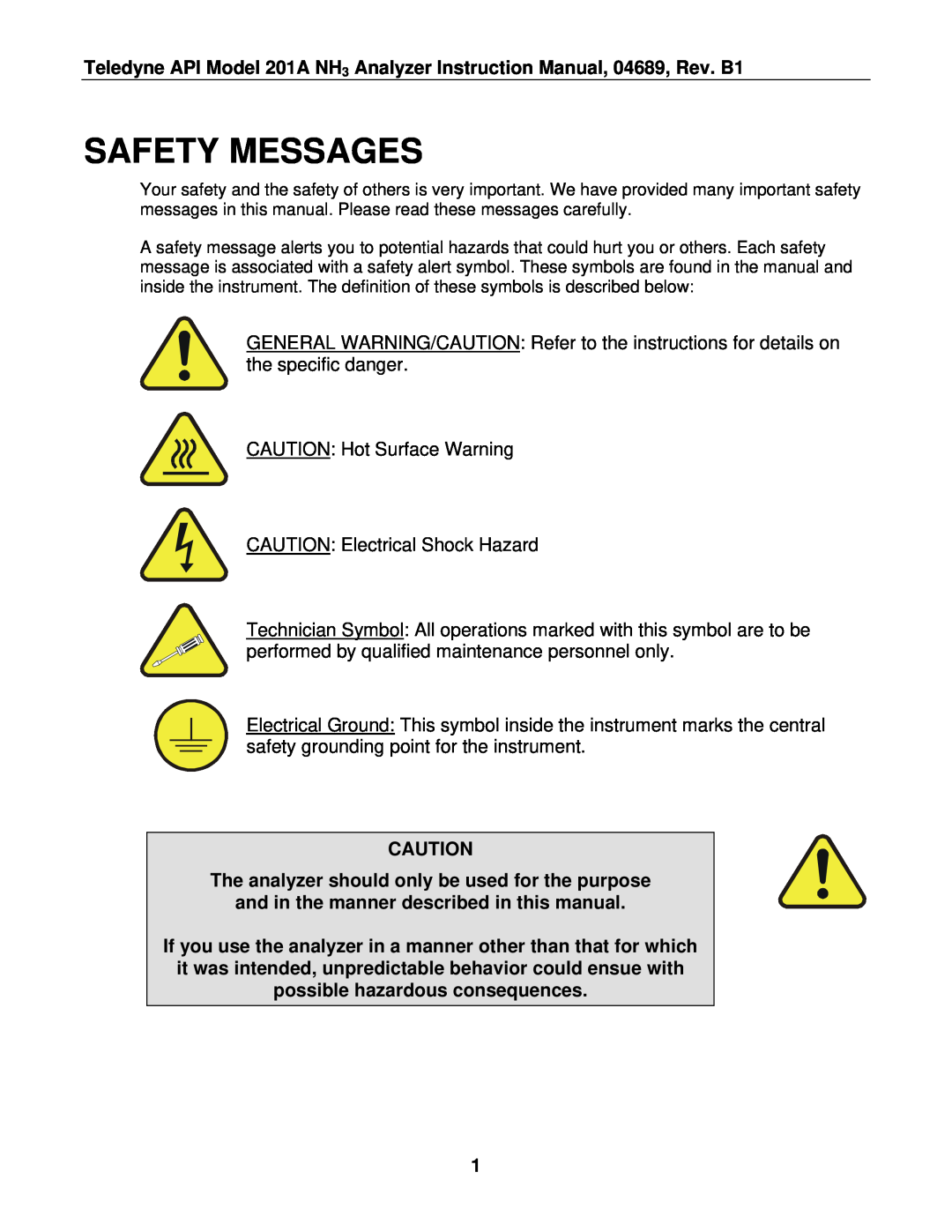 Teledyne 201A manual Safety Messages, The analyzer should only be used for the purpose 