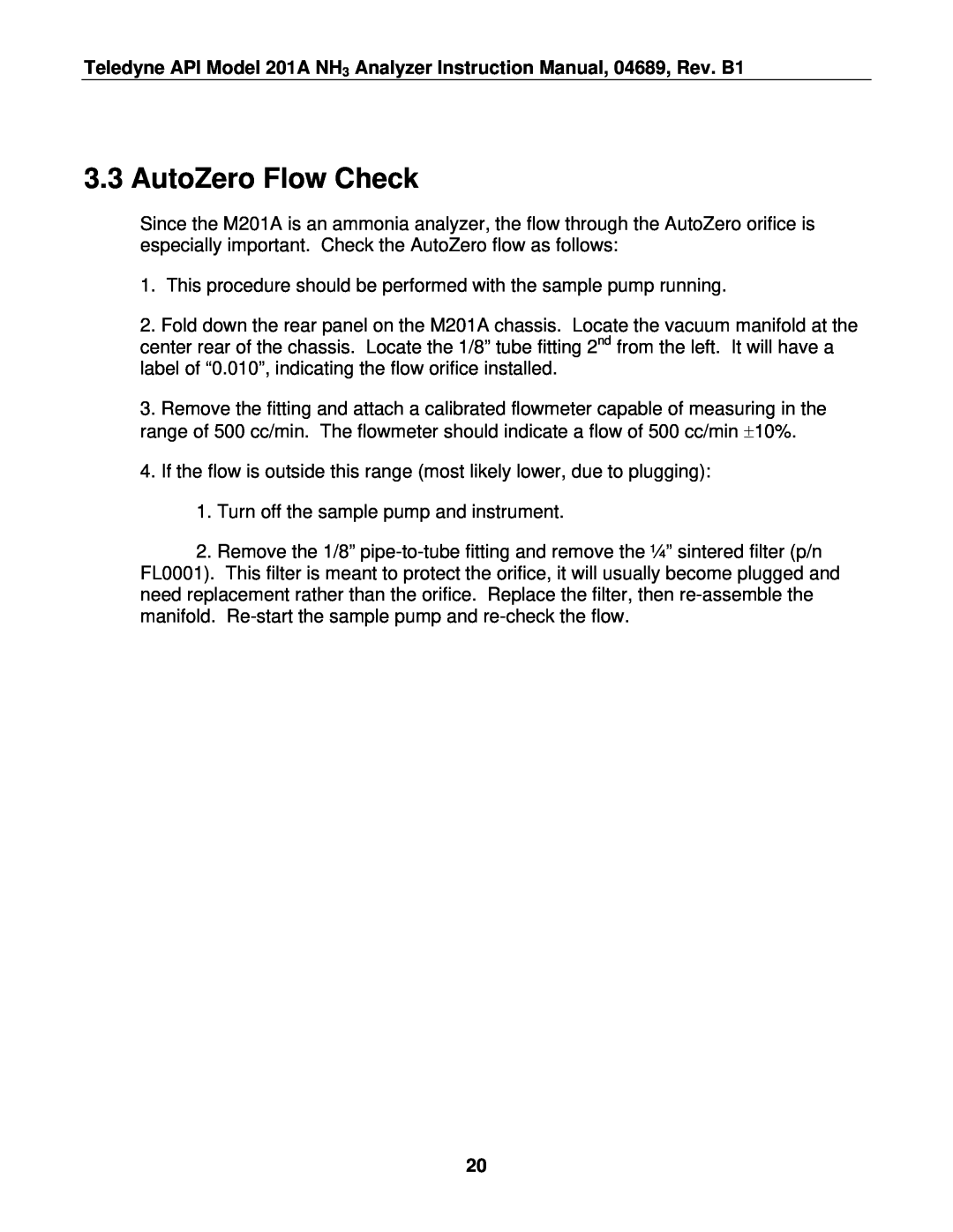 Teledyne 201A manual AutoZero Flow Check 