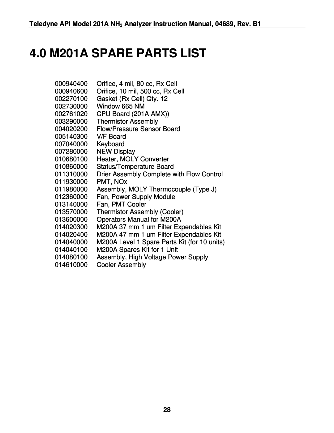 Teledyne manual 4.0 M201A SPARE PARTS LIST 