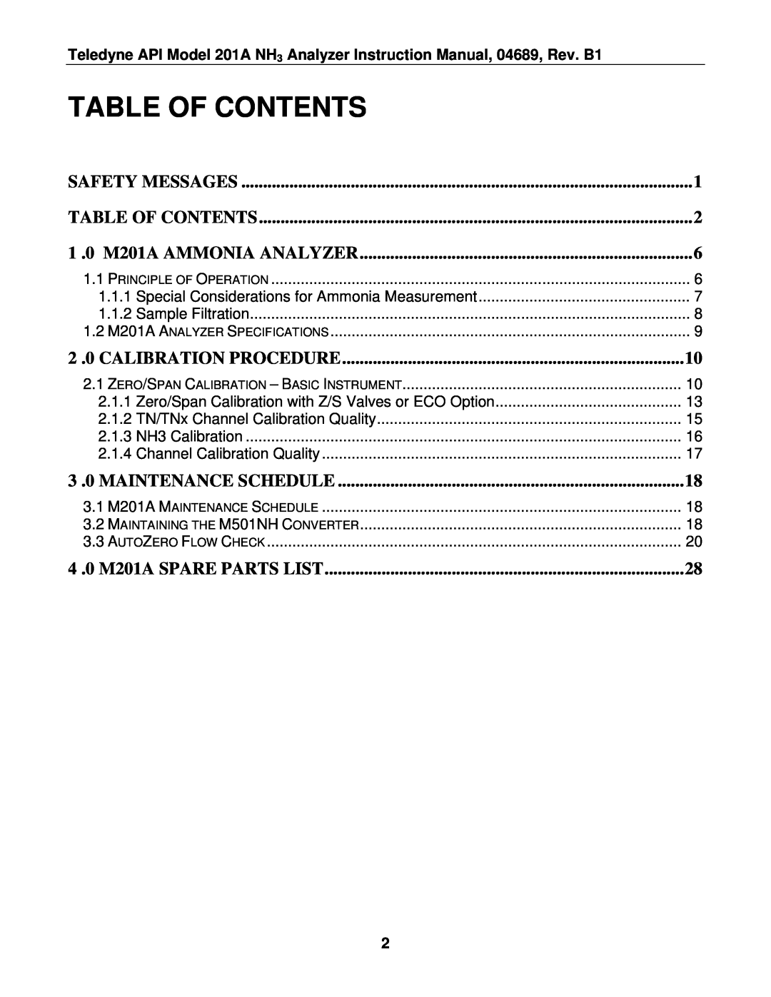 Teledyne Table Of Contents, Safety Messages, 0 M201A AMMONIA ANALYZER, Calibration Procedure, Maintenance Schedule 