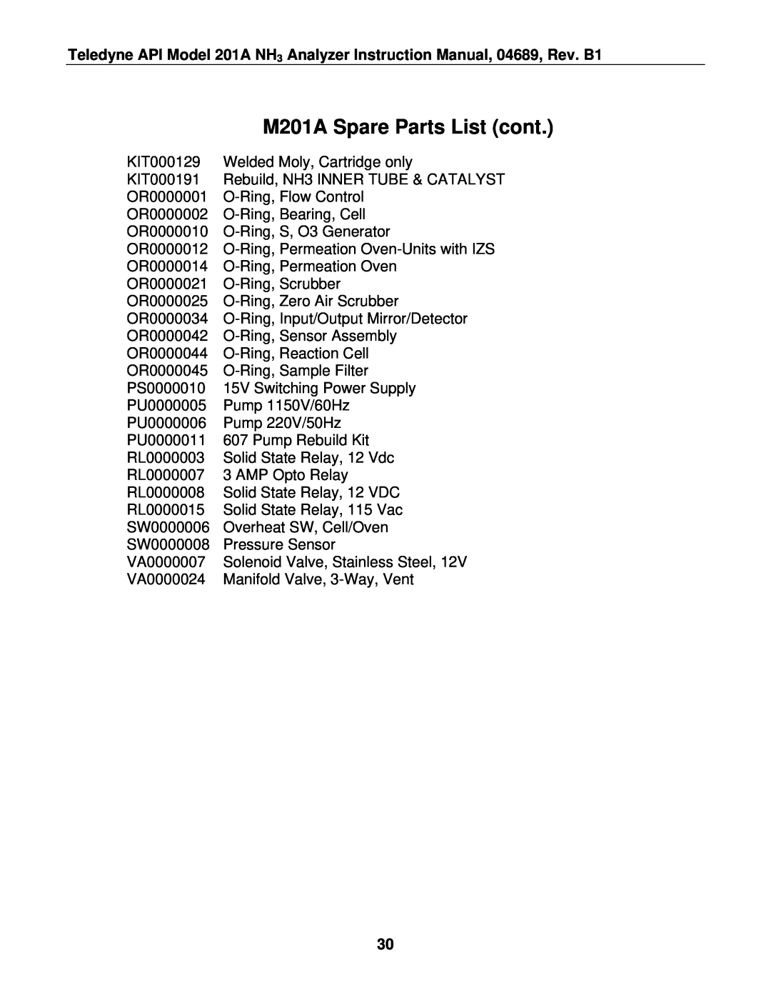 Teledyne manual M201A Spare Parts List cont 
